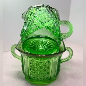 EAPG Green Gold Creamer Sugar, diamond basket weave pressed glass early american